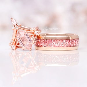 Celtic Morganite Couples Ring Set- His and Hers Wedding Band- Crushed Morganite Rose Gold Ring- Matching Couples Promise Ring- Pink Gemstone