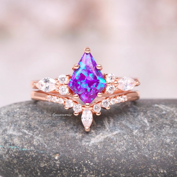 Skye Lavender Opal Ring Set For Women- 14K Rose Gold Vermeil Engagement Ring For Her- Unique Dainty Promise Ring- Anniversary Gift For Her