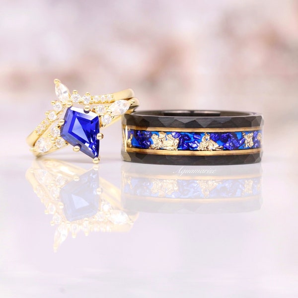 Skye Blue Sapphire Gold Leaf Couples Ring Set- His and Hers Wedding Band- Gold Ring Set- Matching Nature Couples Unique Vintage Promise Ring