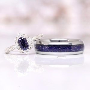 Galaxy Sandstone Couples Ring Set- His and Hers Great Rift Nebula Wedding Band Sterling Silver Tungsten Unique Matching Couples Promise Ring