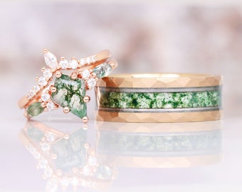 Conjunto de anillos de ágata de musgo verde cometa- Alianza de bodas para él y para ella- Conjunto de anillos de oro rosa- Anillo de promesa de parejas de naturaleza a juego- Vermeil de oro rosa de 14K
