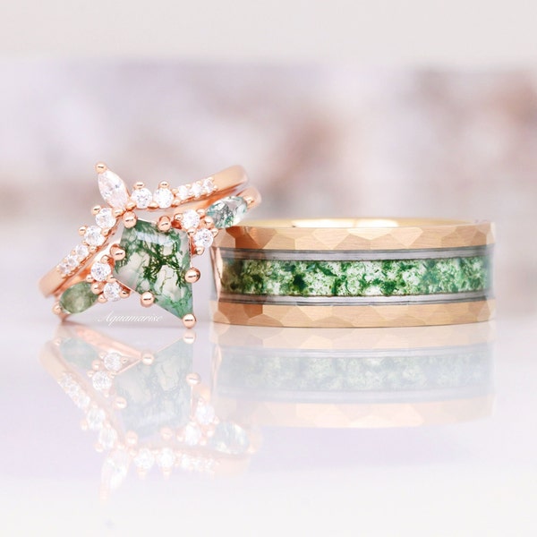 Kite Green Moss Agate Ring Set- His and Hers Wedding Band- Rose Gold Ring Set- Matching Nature Couples Promise Ring- 14K Rose Gold Vermeil