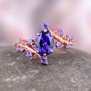 Simulated Sapphire Engagement Ring Cornflower Blue Leaf 14K Rose Gold Vermeil