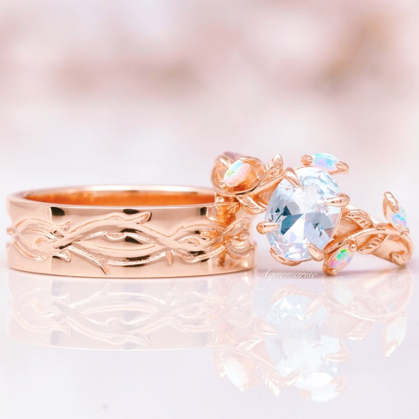 Aquamarine & Opal Couples Ring Set- His and Hers Wedding Leaf Band- 14K Rose Gold Vermeil Nature Couples Matching Promise Ring- Vintage Ring