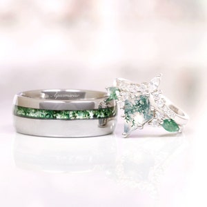 Skye Kite Green Moss Agate Ring Couples Ring Set- His and Hers Wedding Band- 925 Sterling Silver Unique Ring- Matching Nature Promise Ring