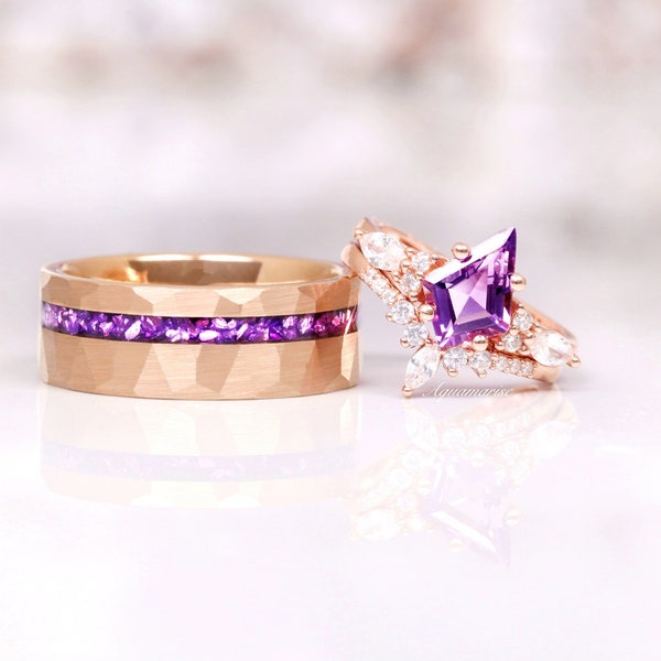 Skye Natural Amethyst Couples Ring Set- His and Hers Wedding Band- Rose Gold Matching Nature Couples Promise Ring- February Birthstone Ring
