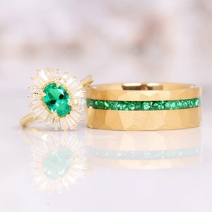 Victoria Crushed Emerald Gold Couples Ring Set- His and Hers Wedding Band- Gold Ring Set Matching Nature Couples Unique Vintage Promise Ring