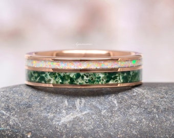 Moss Agate & Fire Opal Wedding Band- Rose Gold Women's Tungsten Ring- 6mm Man Ring Comfort Fit Dome Polish Birthday Anniversary Gift For Him