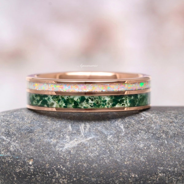 Moss Agate & Fire Opal Wedding Band- Rose Gold Women's Tungsten Ring- 6mm Man Ring Comfort Fit Dome Polish Birthday Anniversary Gift For Him