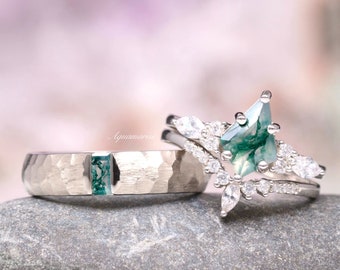 Kite Green Moss Agate Ring Set For Couples- His and Hers Wedding Band- 925 Silver Wedding Band Ring Set Matching Nature Couples Promise Ring