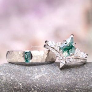 Kite Green Moss Agate Ring Set For Couples- His and Hers Wedding Band- 925 Silver Wedding Band Ring Set Matching Nature Couples Promise Ring