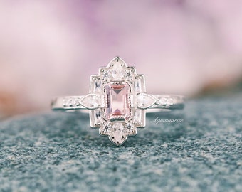 Art Deco Morganite Ring- 925 Sterling Silver Light Pink Mosaic Engagement Ring For Women- Unique Promise Ring- Anniversary Gift For Her