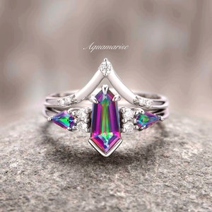 Coffin Kite Mystic Topaz Ring Set For Women- 925 Sterling Silver Unique Gemstone Engagement Ring For Her- Dainty Promise Ring- Gift For Her