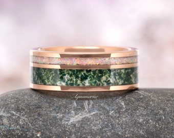 Moss Agate & Fire Opal Men's Wedding Band- Rose Gold Tungsten Ring- 8mm Man Ring- Comfort Fit Dome Polish- Birthday Anniversary Gift For Him