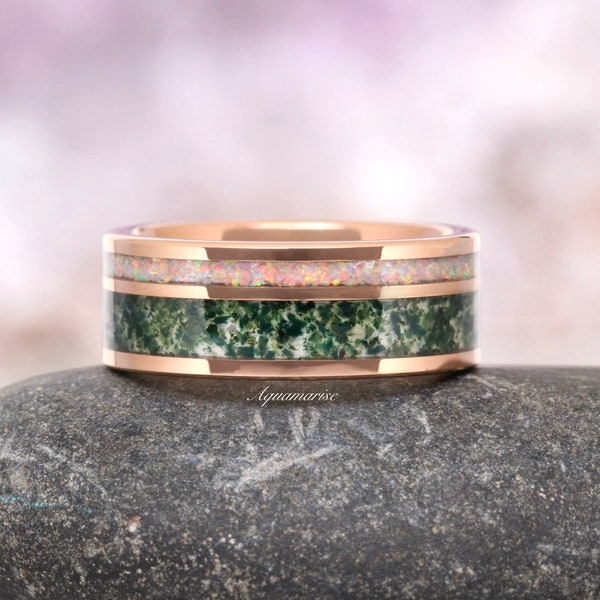 Moss Agate & Fire Opal Men's Wedding Band- Rose Gold Tungsten Ring- 8mm Man Ring- Comfort Fit Dome Polish- Birthday Anniversary Gift For Him