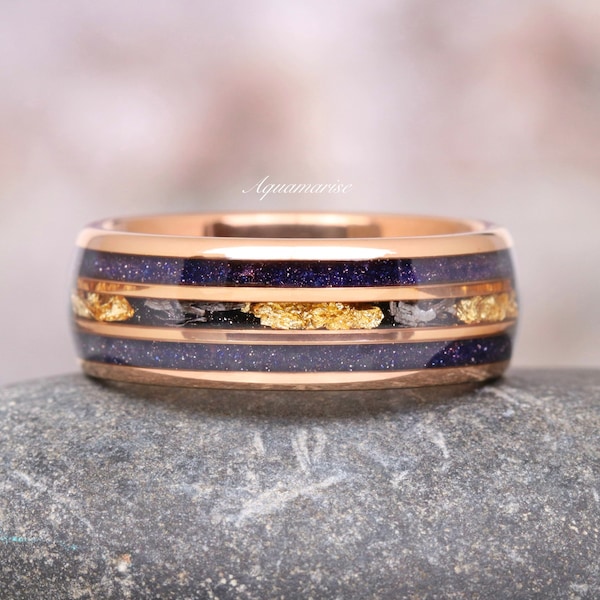Galaxy Meteorite, Sandstone & Gold Leaf Men's Wedding Band- Rose Gold Tungsten 8mm Wedding Ring Polished Comfort Fit Unique Gift For Him