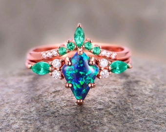 Skye Blue Fire Opal & Emerald Ring Set For Women- 14K Rose Gold Vermeil Engagement Ring For Her- Unique Dainty Promise Ring- Gift For Her