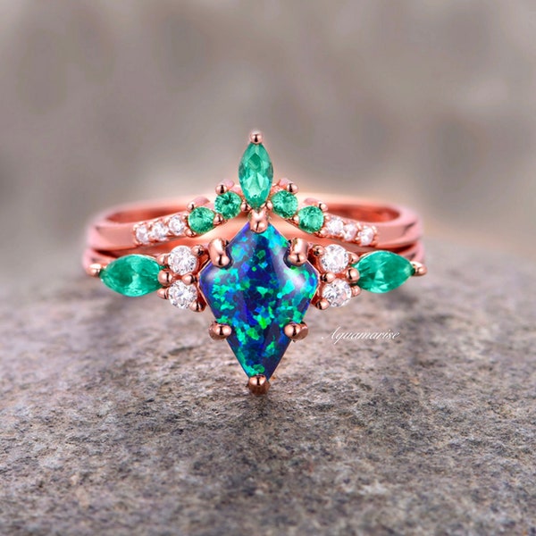 Skye Blue Fire Opal & Emerald Ring Set For Women- 14K Rose Gold Vermeil Engagement Ring For Her- Unique Dainty Promise Ring- Gift For Her