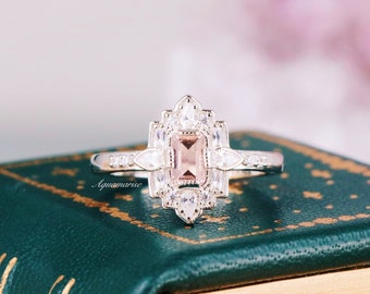 Art Deco Morganite Ring- 925 Sterling Silver Light Pink Mosaic Engagement Ring For Women- Unique Promise Ring- Anniversary Gift For Her