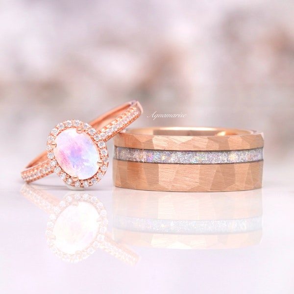Galaxy Moonstone Couples Ring Set- His and Hers Wedding Band Rose Gold Tungsten Unique Matching Couples Promise Ring June Birthstone Jewelry