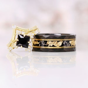 Black Onyx & Meteorite Gold Leaf Couples Ring His and Hers Wedding Band Gold Ring Set Matching Nature Couples Unique Vintage Promise Ring image 1