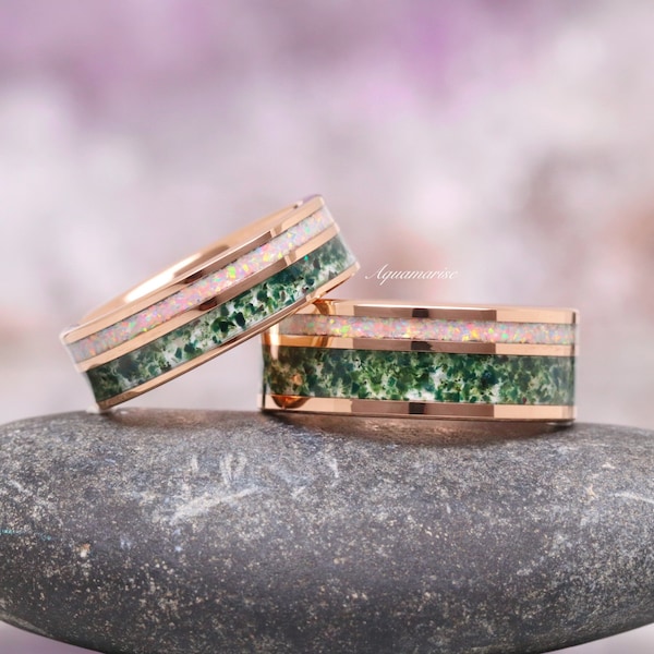 Green Moss Agate & Opal Couples Ring Set- His and Hers Matching Wedding Band Rose Gold Tungsten Carbide Matching Nature Couples Promise Ring