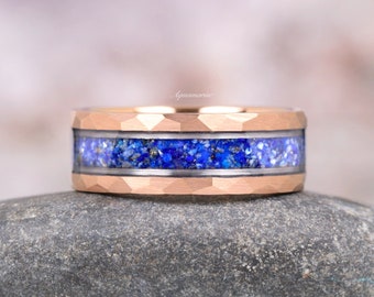 Crushed Natural Lapis Lazuli Rose Gold Wedding Band- 8mm Hammered Tungsten Carbide Ring Womens Mens Wedding Ring- Comfort-Fit Dome Brushed