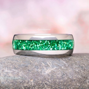 Crushed Emerald Men&#39;s Wedding Band- 8mm Silver Unique Tungsten Emerald Wedding Ring- Polished Dome Comfort Fit- Anniversary Gift for Him