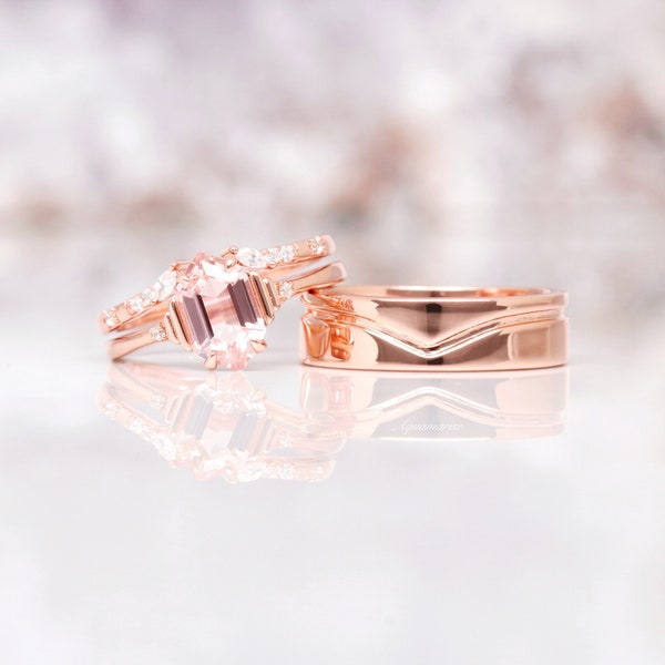 Morganite Couples Ring Set- His and Hers Wedding Band- Crushed Morganite Rose Gold Ring- Unique Matching Couples Promise Ring- Pink Gemstone