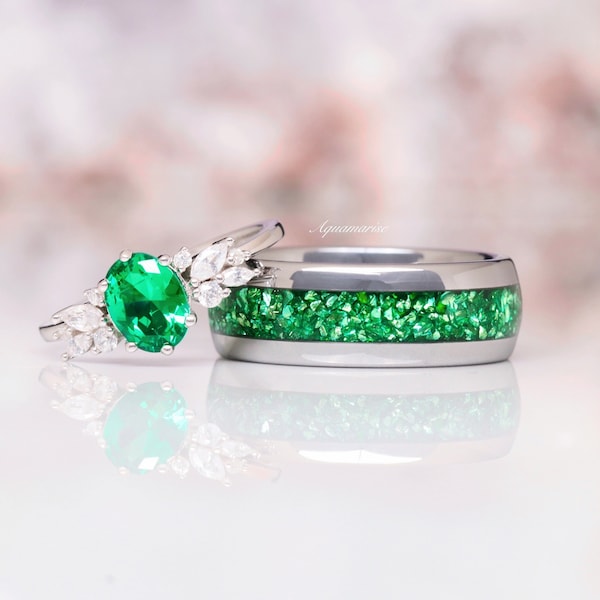 Emerald Green Couples Ring Set- His and Hers Wedding Band- Silver/Tungsten Ring Set- Matching Nature Couples Unique Vintage Promise Ring