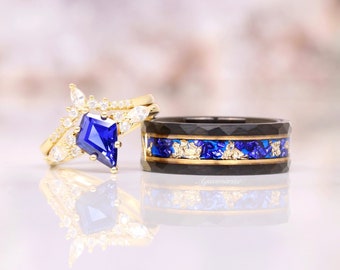 Skye Blue Sapphire Gold Leaf Couples Ring Set- His and Hers Wedding Band- Gold Ring Set- Matching Nature Couples Unique Vintage Promise Ring