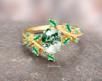 Green Moss Agate Emerald Leaf Ring- 14K Gold Vermeil Natural Agate Engagement Ring For Women- Unique Promise Ring- Anniversary Gift For Her