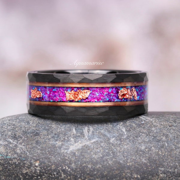 Crushed Fire Opal Ring- His and Hers Tungsten Wedding Band- 8mm Purple Opal & Rose Gold Leaf Black Wedding Band Hammered Brushed Comfort Fit