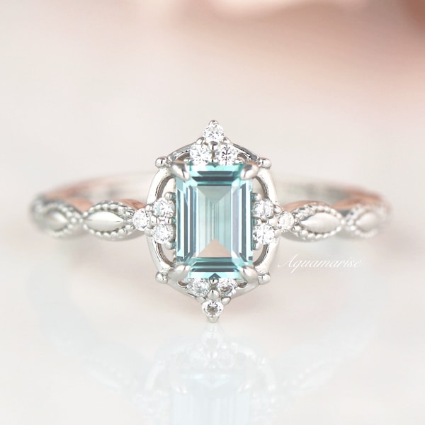 Vintage Natural Aquamarine Ring Sterling Silver Emerald Cut Engagement Ring For Women March Birthstone Promise Ring Anniversary Gift For Her