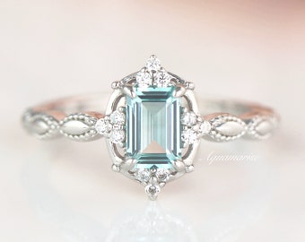 Vintage Natural Aquamarine Ring Sterling Silver Emerald Cut Engagement Ring For Women March Birthstone Promise Ring Anniversary Gift For Her