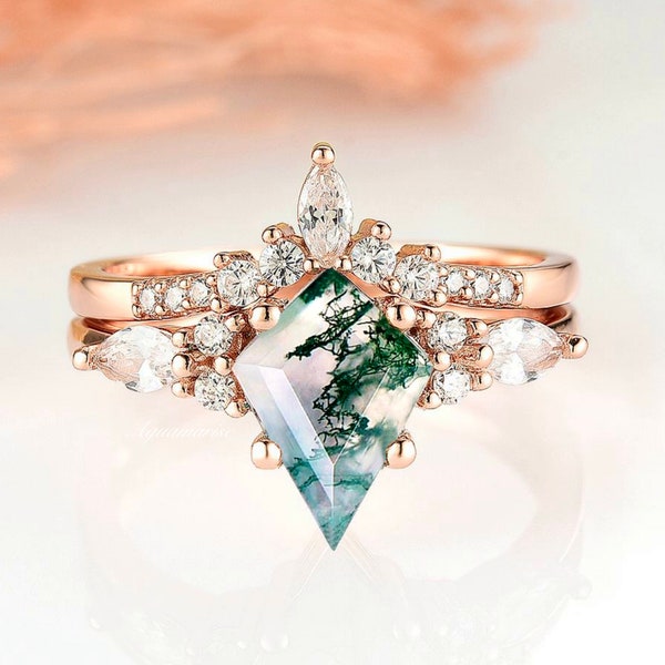 Skye Kite Green Moss Agate Ring- 14K Rose Gold Vermeil Natural Agate Engagement Ring- Promise Ring Green Gemstone Anniversary Gift For Her