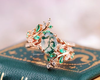 Green Moss Agate & Emerald Leaf Ring- 14K Gold Vermeil Natural Agate Engagement Ring Set For Women- Unique Promise Ring Set-  Gift For Her