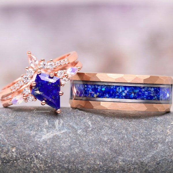 Skye Blue Lapis Lazuli & Moonstone Couples Ring Set- His and Hers Wedding Band- Rose Gold Ring Set- Matching Nature Couples Promise Ring