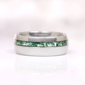 Green Moss Agate Men&#39;s Wedding Band- Natural Crushed  Agate Silver Tungsten 8mm Wedding Band  Polished- Dome- Comfort Fit Ring- Gift For Him
