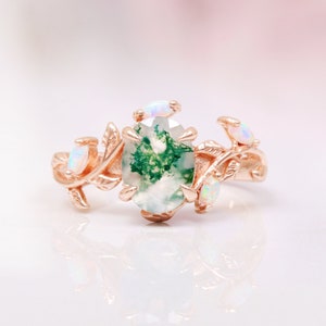 Green Moss Agate Opal Leaf Ring- 14K Rose Gold Vermeil Natural Agate Engagement Ring For Women- Unique Promise Ring Anniversary Gift For Her
