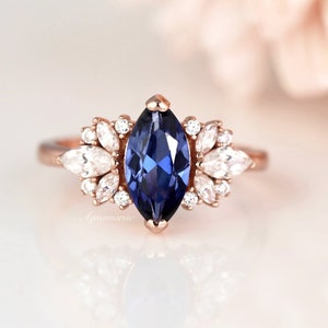 Ceylon Marquise Sapphire Ring- 14K Rose Gold Vermeil Ring- Genuine Blue Sapphire Engagement Ring Promise Ring- September Birthstone