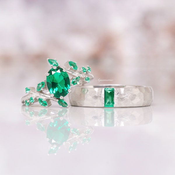 Emerald Green Couples Ring Set- His and Hers Leaf Wedding Band- Sterling Silver Ring Set Matching Nature Couples Unique Vintage Promise Ring