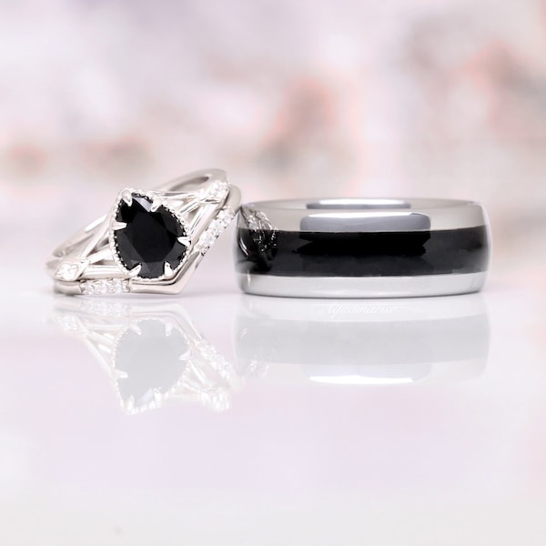 Celtic Natural Black Onyx Couples Ring Set His and Hers Black Diamond Wedding Band Sterling Silver Pear Unique Matching Couples Promise Ring