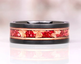 Rose Gold Leaf Ruby Ring- Black and Rose Gold Two Tone Mens Wedding Band- Unique Gemstone Crushed Red Ruby Ring- Brushed Black Tungsten Ring