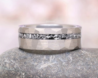 Galaxy Meteorite Ring- Hammered Men's Wedding Band Silver Tungsten 8mm Wedding Band Brushed Comfort Fit Ring Unique Ring Gift For Him