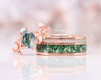 Green Moss Agate Opal Couples Ring Set- His and Hers Wedding Band- Rose Gold Matching Nature Couples Promise Ring- 14K Rose Gold Vermeil