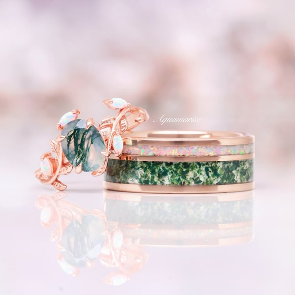 Green Moss Agate Opal Couples Ring Set- His and Hers Wedding Band- Rose Gold Matching Nature Couples Promise Ring- 14K Rose Gold Vermeil