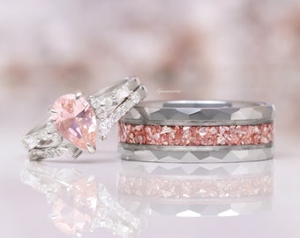 Morganite Couples Ring Set- His and Hers Wedding Band- Crushed Morganite Silver & Tungsten Ring- Matching Couples Promise Ring Pink Gemstone