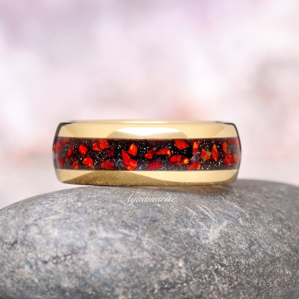 Red Fire Opal & Galaxy Sandstone Men's Wedding Band Crushed Red Nebula 8mm Yellow Gold Tungsten Wedding Ring Outer Space Unique Gift For Him