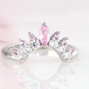 Pink Sapphire Wedding Band- Sterling Silver Pink Gemstone Engagement Ring For Women- Curved Stacking Ring- September Birthstone Gift For Her